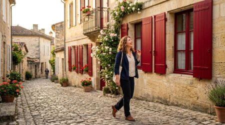 Femme surprise devant sa façade aux volets repeints en rouge