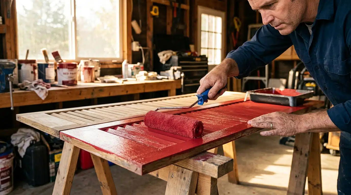 Application de peinture rouge au rouleau sur un volet en bois