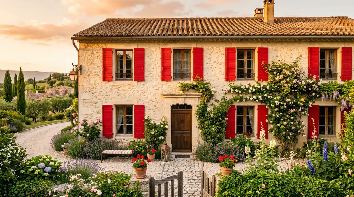Façade de maison avec volets rouges fraîchement repeints