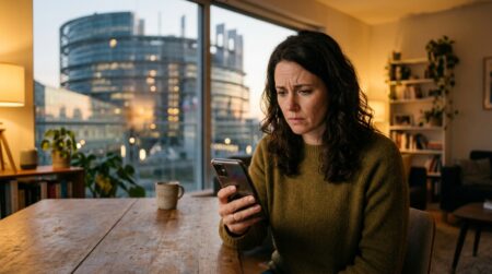 Personne inquiète consultant son téléphone près du Parlement européen
