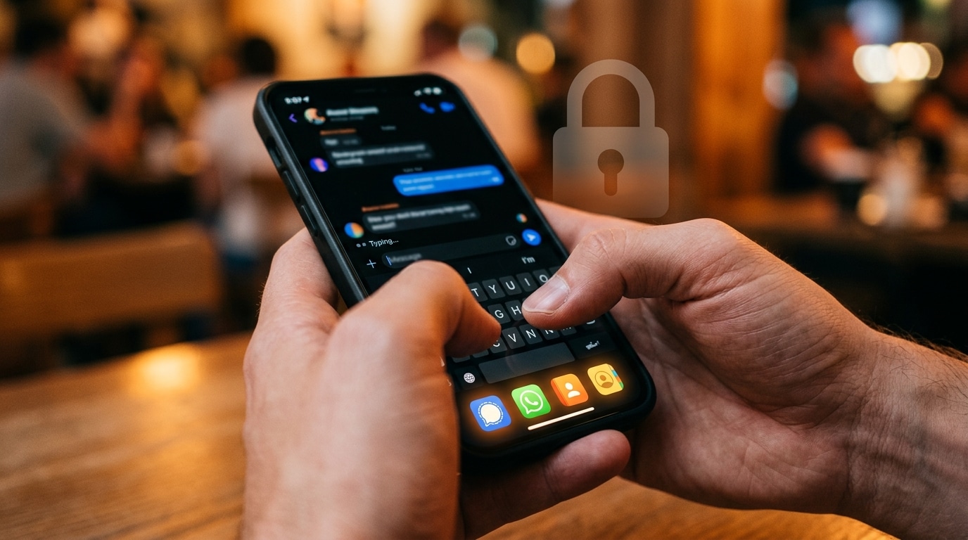 Mains tapant sur smartphone avec icônes de messagerie et cadenas