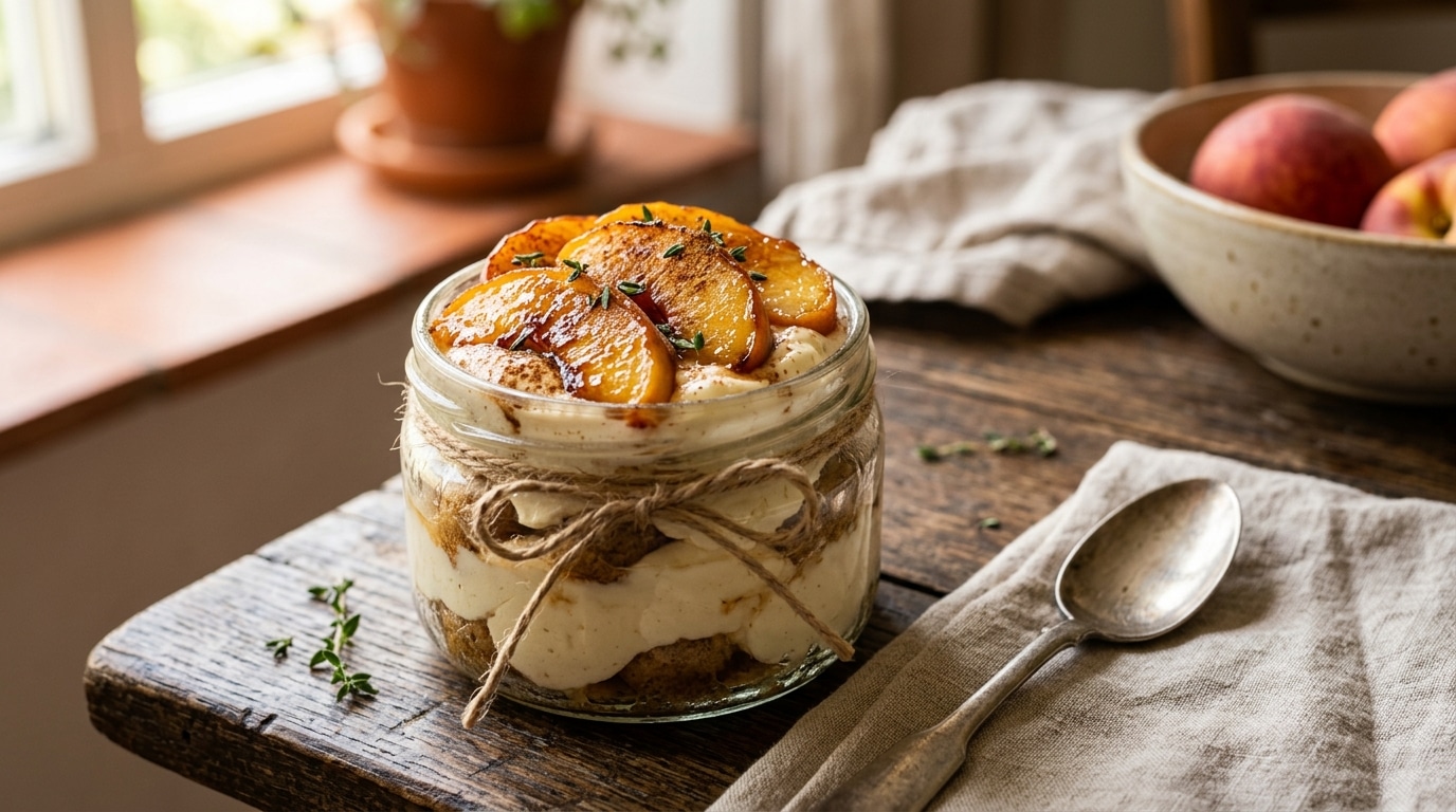 Dessert pêche mascarpone façon tiramisu en verrine