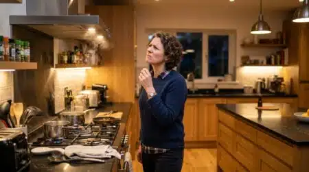 Femme perplexe devant une hotte de cuisine qui n'aspire plus