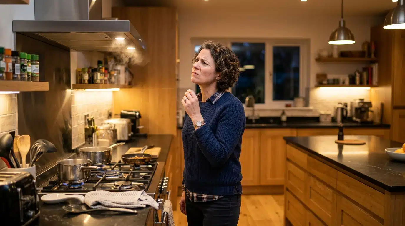 Femme perplexe devant une hotte de cuisine qui n'aspire plus