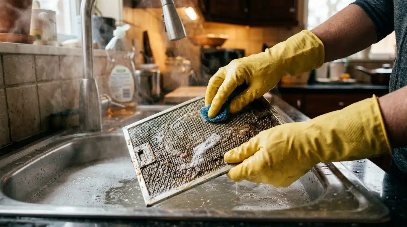 Trempage d'un filtre de hotte dans l'eau chaude et le bicarbonate