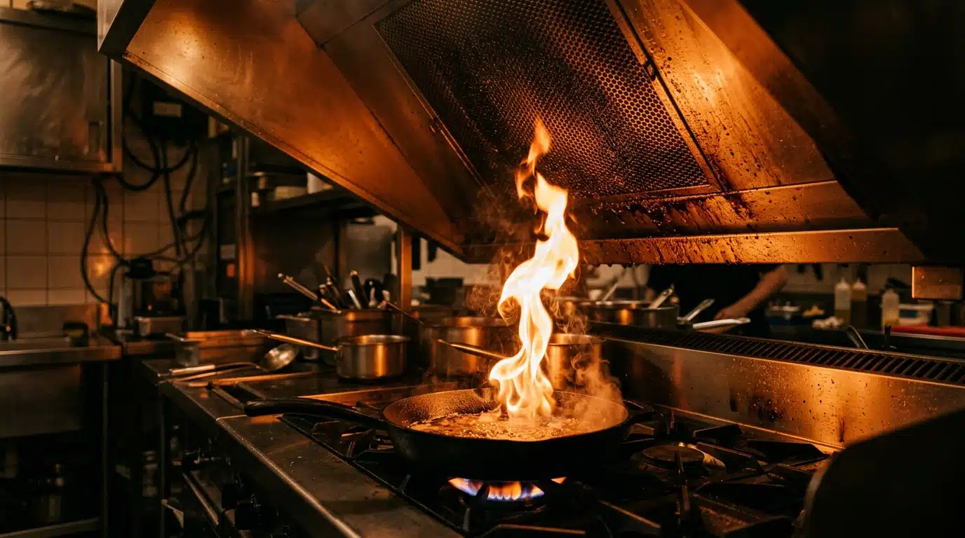 Flamme de poêle proche d'un filtre de hotte encrassé de graisse