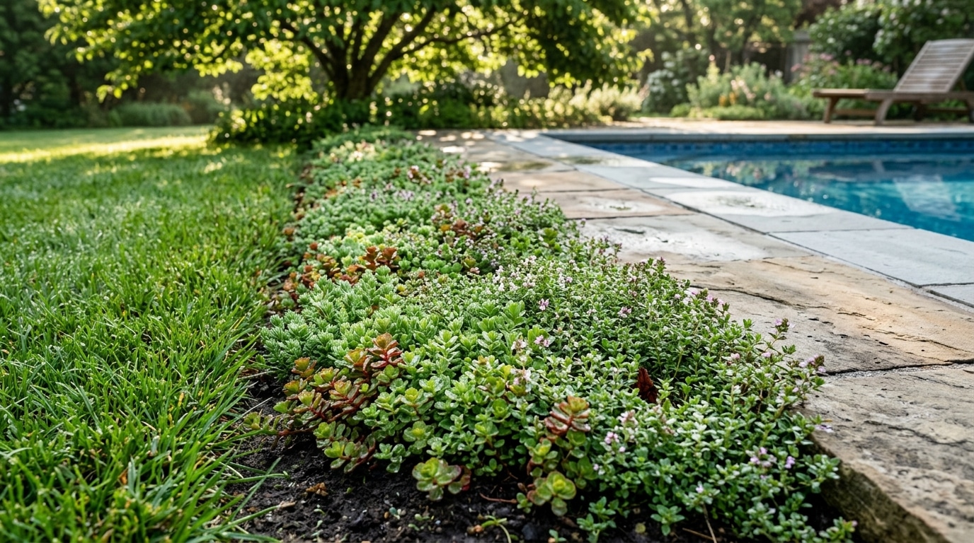 Bordure de plantes couvre-sol autour d'une piscine