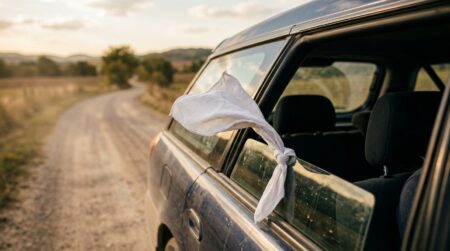 Mouchoir blanc noué à la vitre d'une voiture