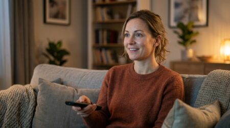 Personne souriante devant un écran de télévision allumé