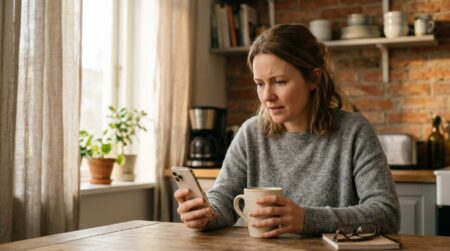 Femme lisant son horoscope sur smartphone le matin