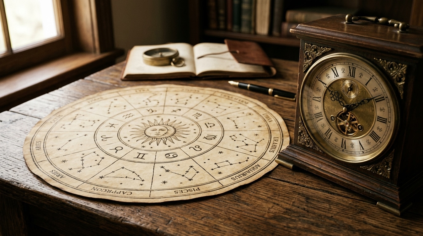 Roue astrologique et horloge ancienne sur bureau en bois