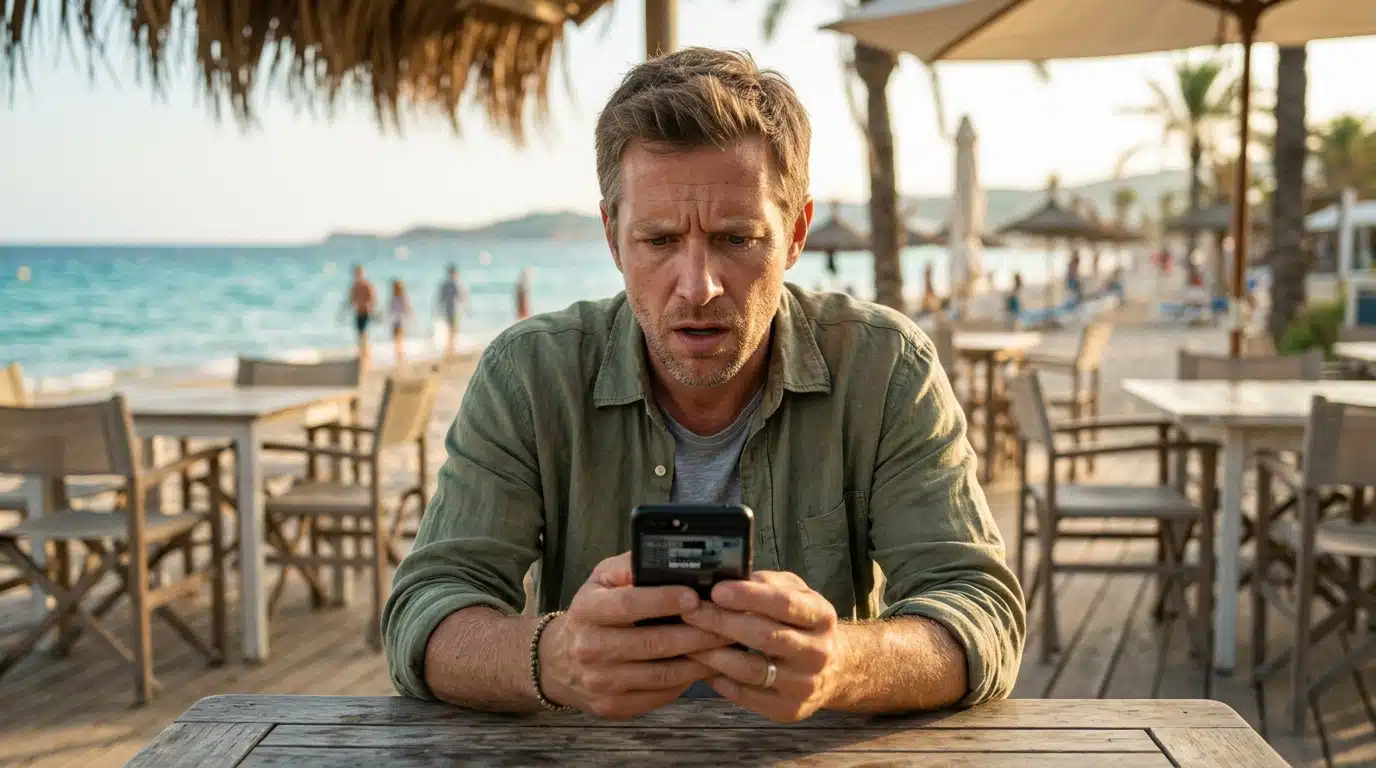 Touriste inquiet regardant l'écran de son téléphone à la plage