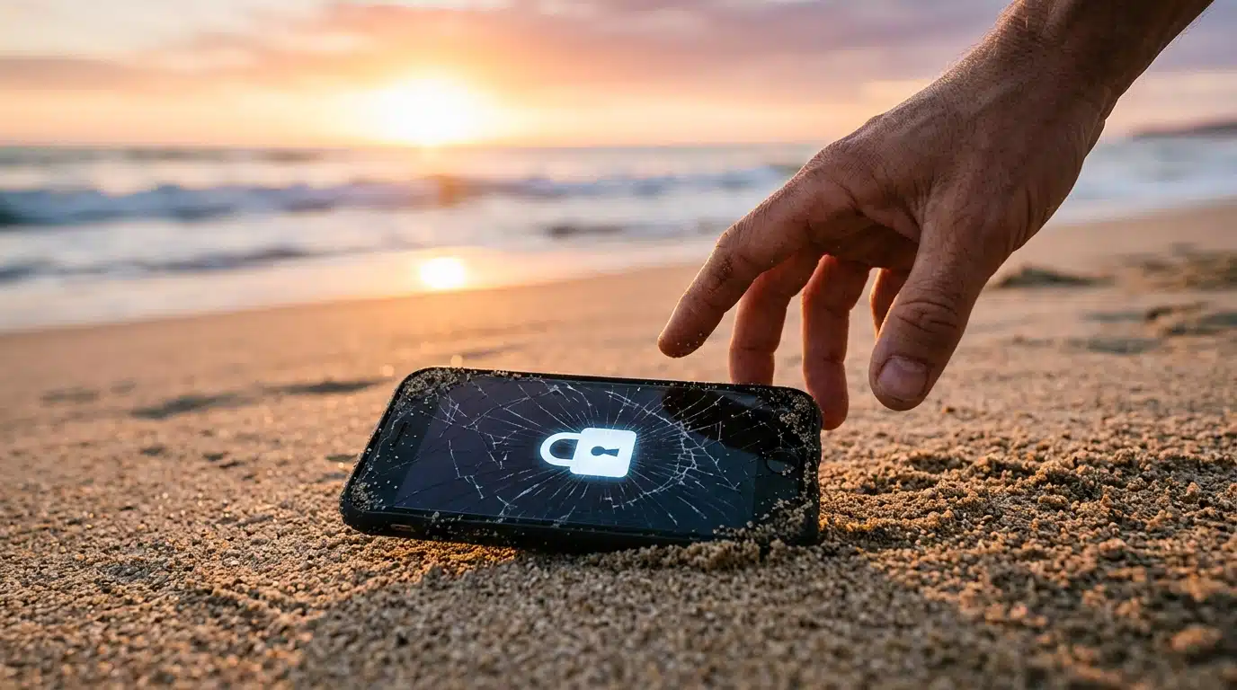 Smartphone verrouillé abandonné sur le sable au soleil couchant
