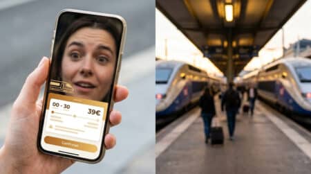 Voyageur consultant le prix d'un billet de train sur smartphone