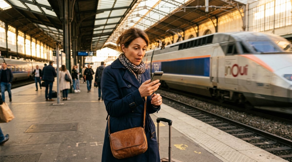 Voyageur consultant le prix d'un billet de train sur son téléphone