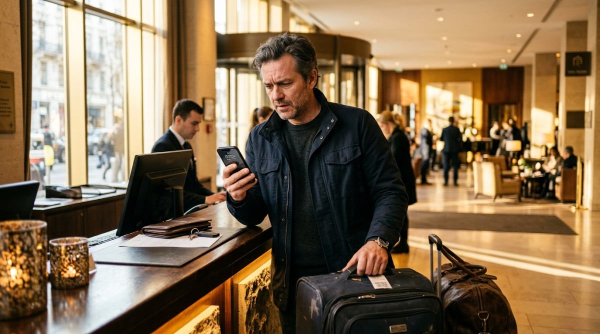 Voyageur inquiet consultant l'heure devant la réception d'un hôtel