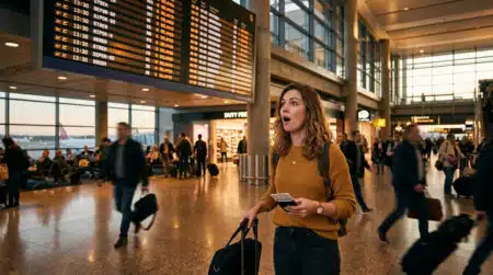 Voyageuse surprise devant le tableau des départs à l'aéroport