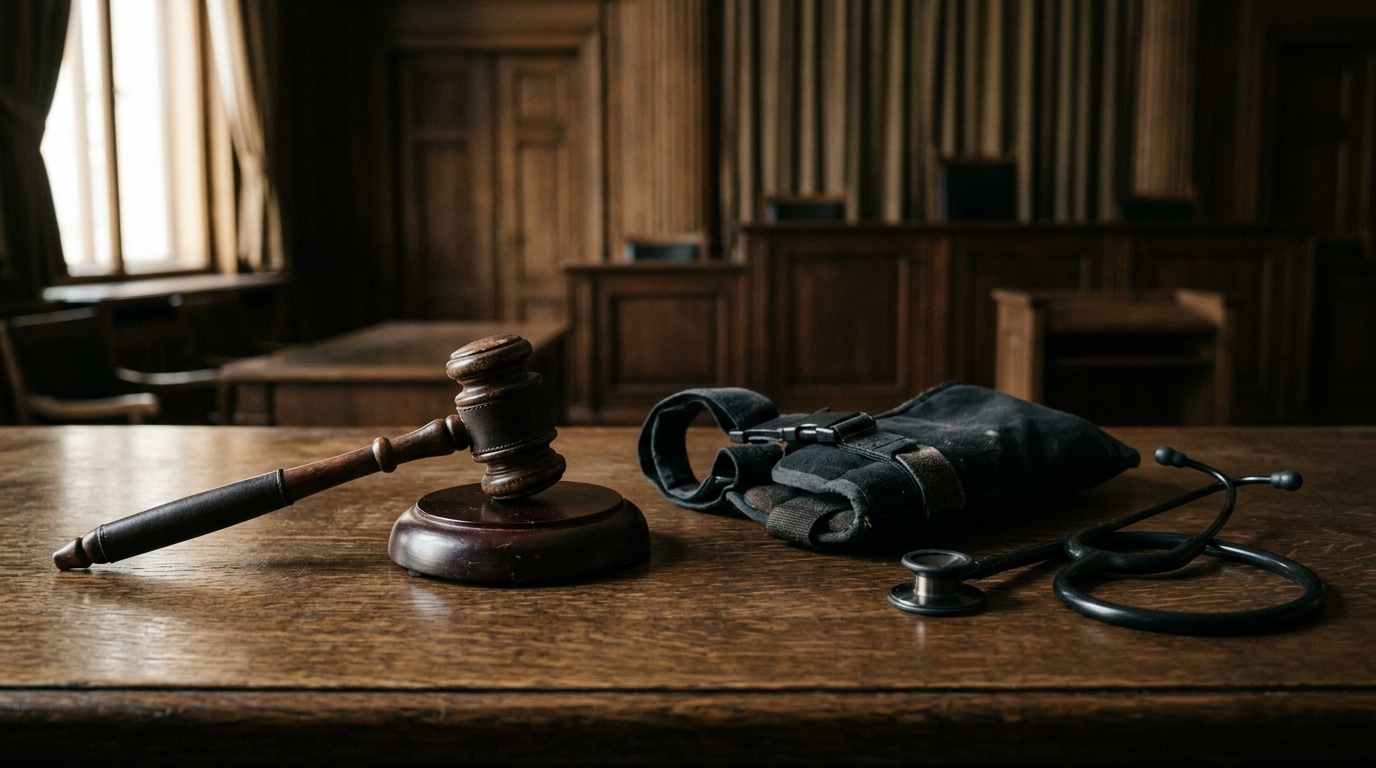 Marteau de justice près d'un stéthoscope et écharpe médicale