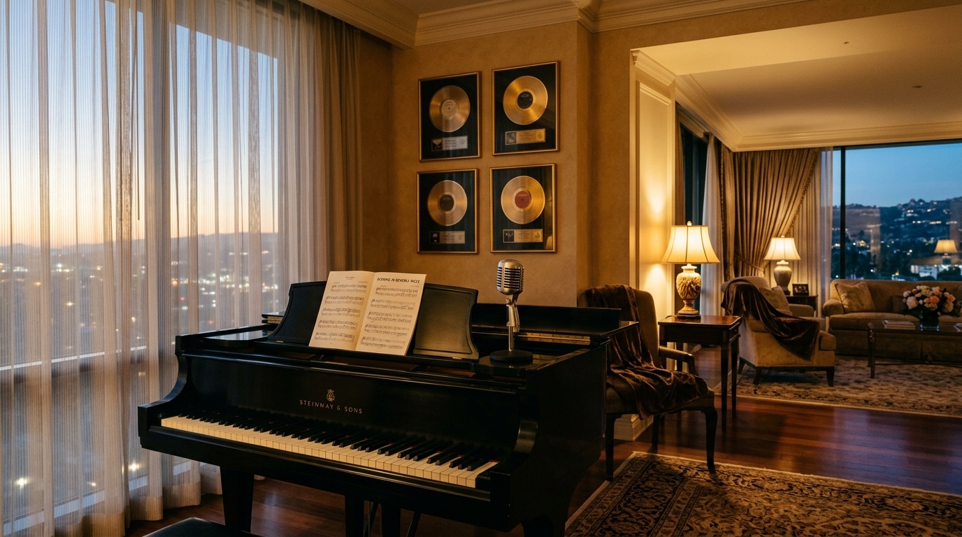 Chambre d'hôtel vide et silencieuse évoquant les derniers instants d'une légende de la musique