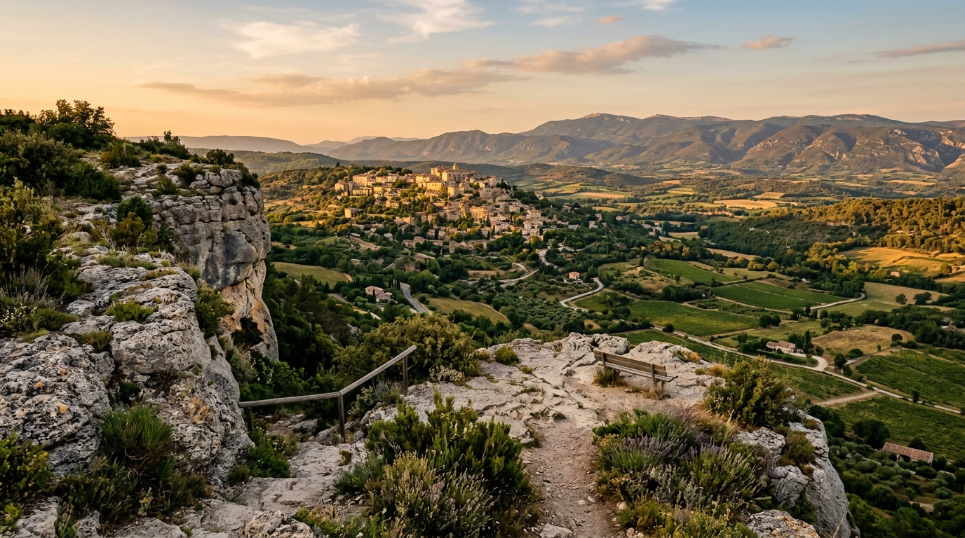 Rocher panoramique surplombant la vallée provençale au coucher du soleil