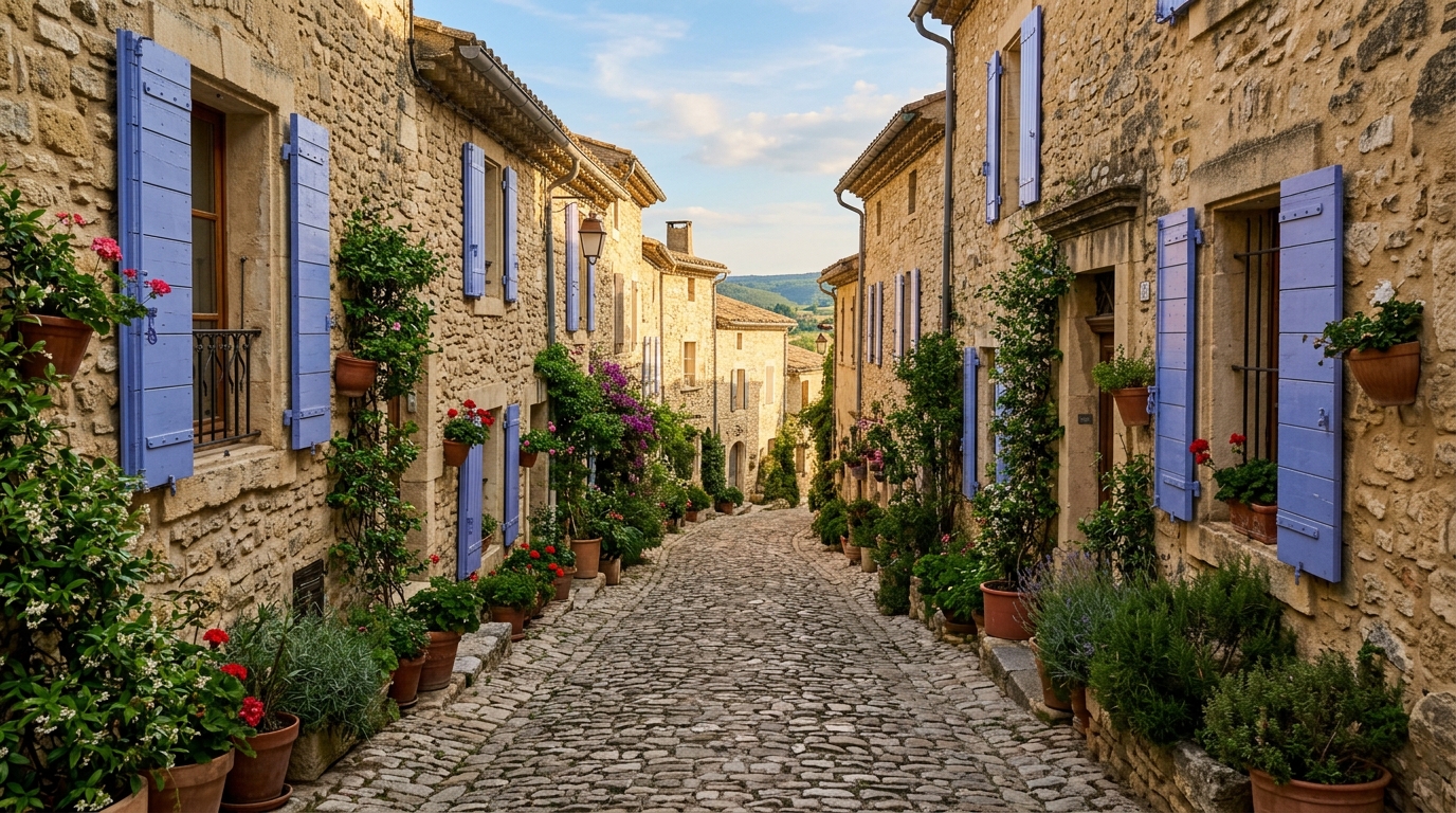Ruelle pavée aux volets bleu lavande dans village provençal
