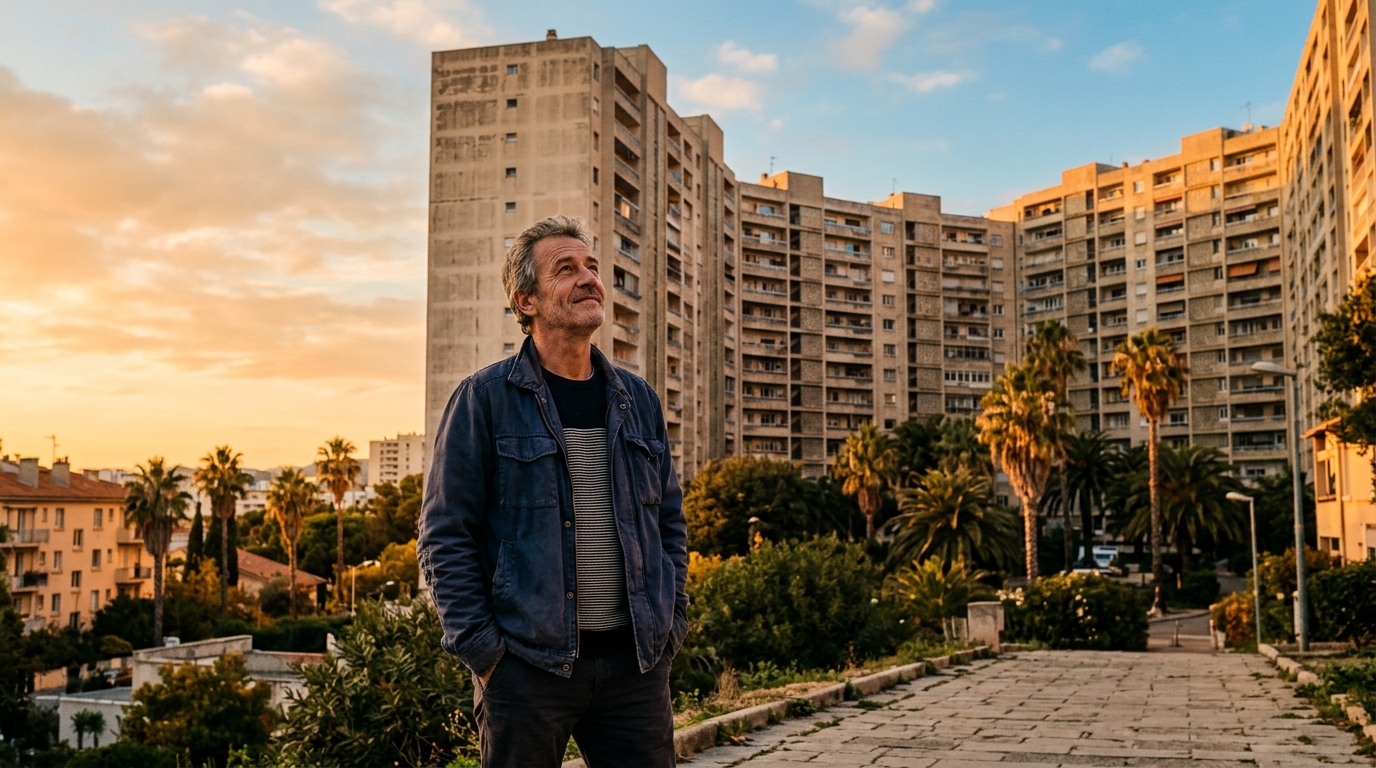Homme contemplant les tours de son ancien quartier marseillais