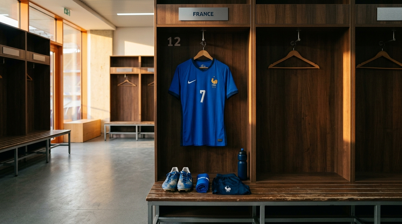 Maillot bleu suspendu dans un vestiaire de stade vide