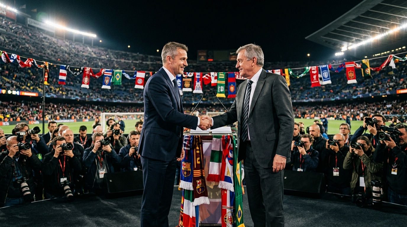 Deux dirigeants du football se serrant la main en conférence
