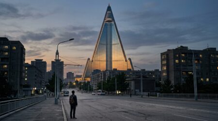 Tour pyramidale illuminée de l'hôtel Ryugyong à Pyongyang
