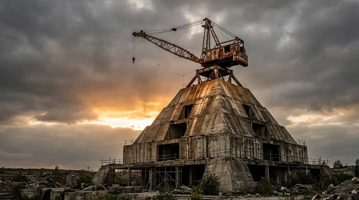 Grue rouillée abandonnée au sommet d'une tour inachevée