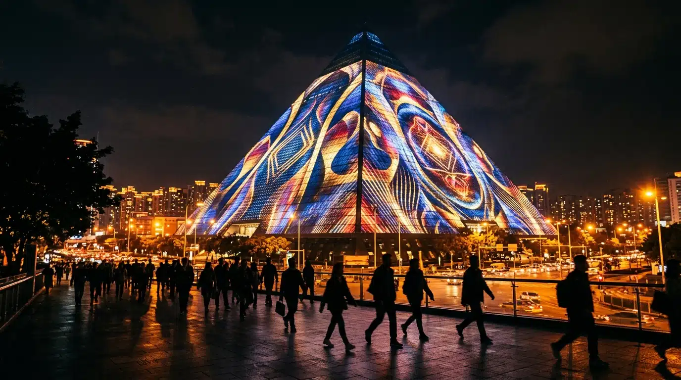 Façade illuminée géante de l'hôtel fantôme la nuit