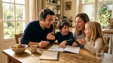 Famille discutant autour d'un calcul mathématique à table