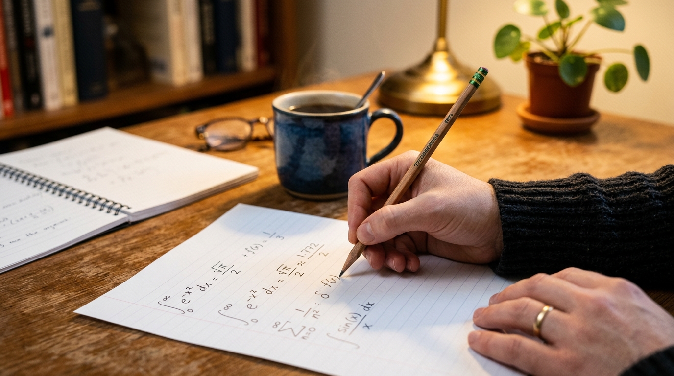 Main écrivant une équation mathématique sur papier