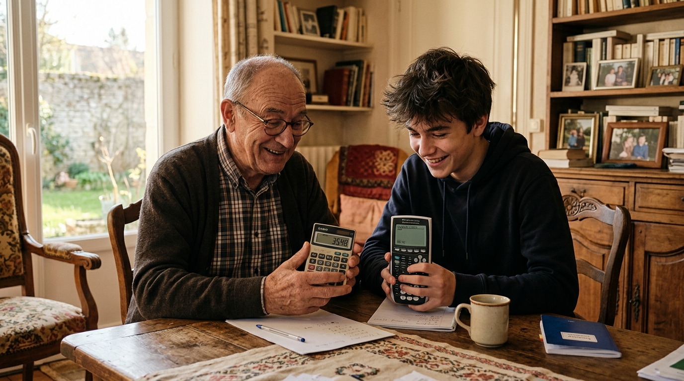 Grand-père et adolescent comparant deux résultats de calcul