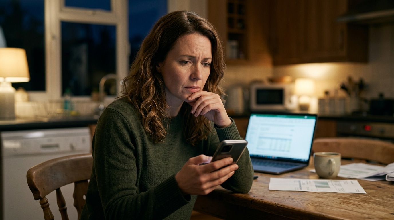 Personne inquiète consultant une alerte bancaire sur smartphone