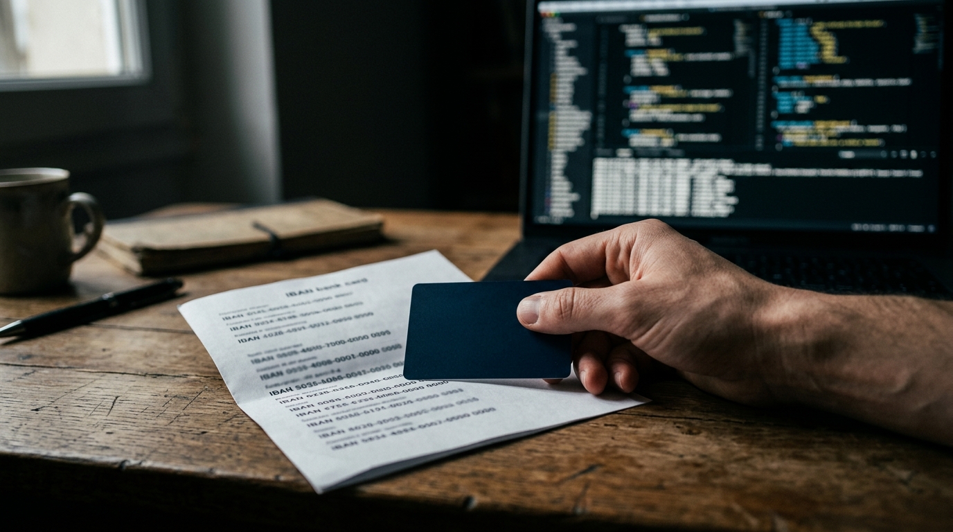 Carte bancaire et document IBAN sur bureau avec ordinateur