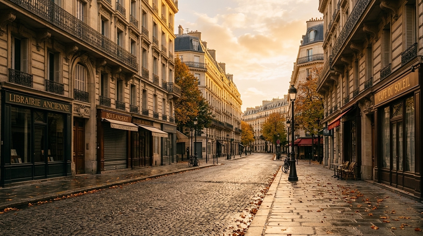Rue parisienne tranquille au coucher du soleil