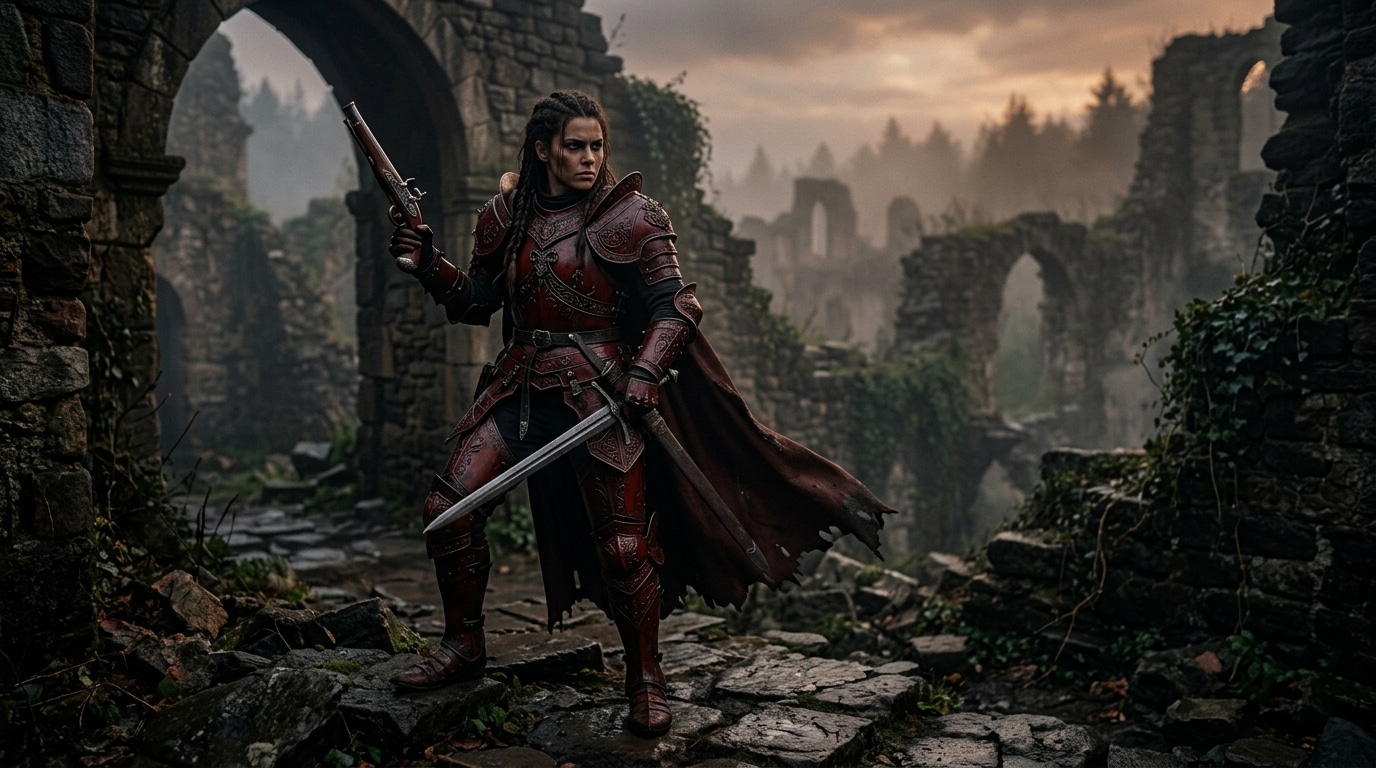 Guerrier gothique en armure sombre dans ruines médiévales