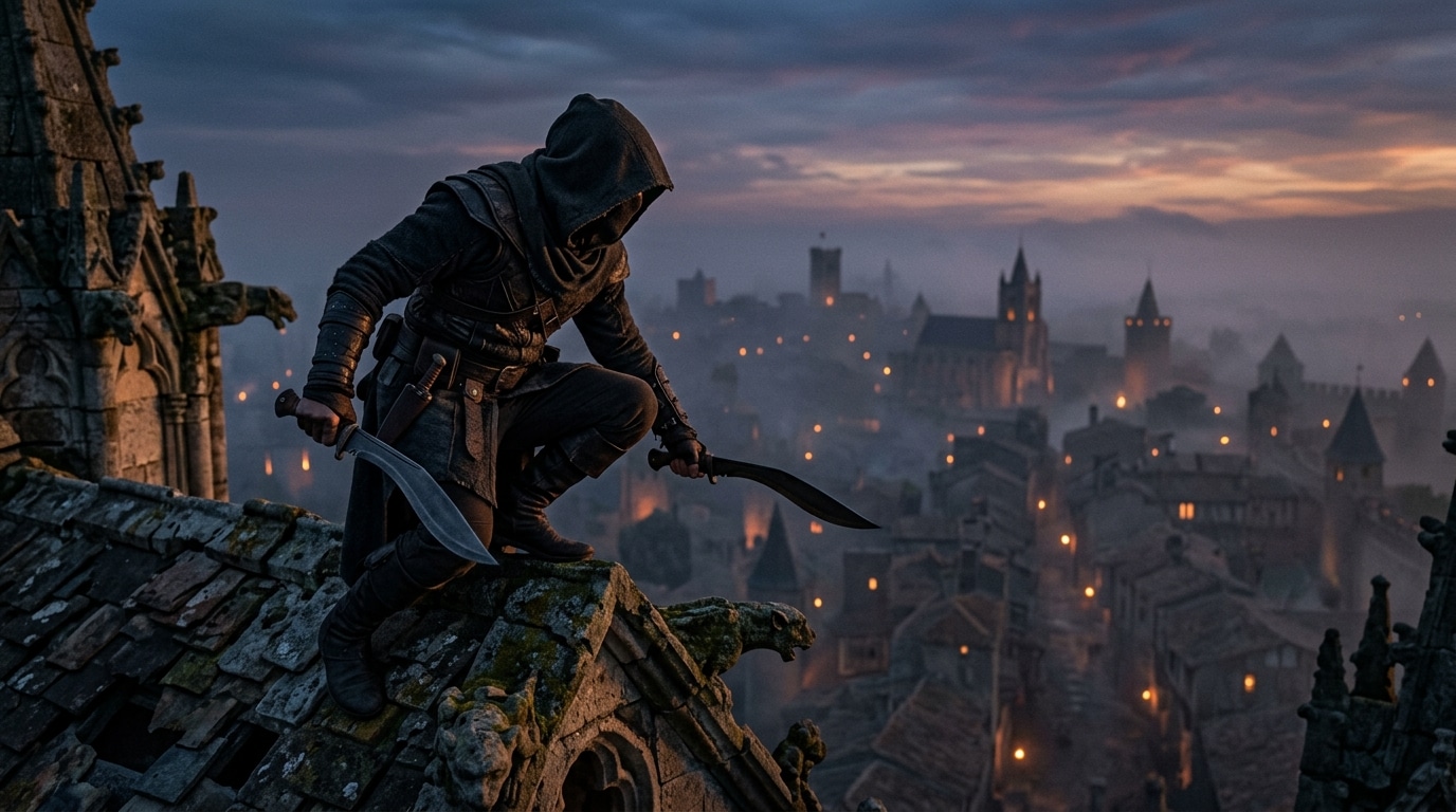 Personnage encapuchonné sur toit de ville brumeuse
