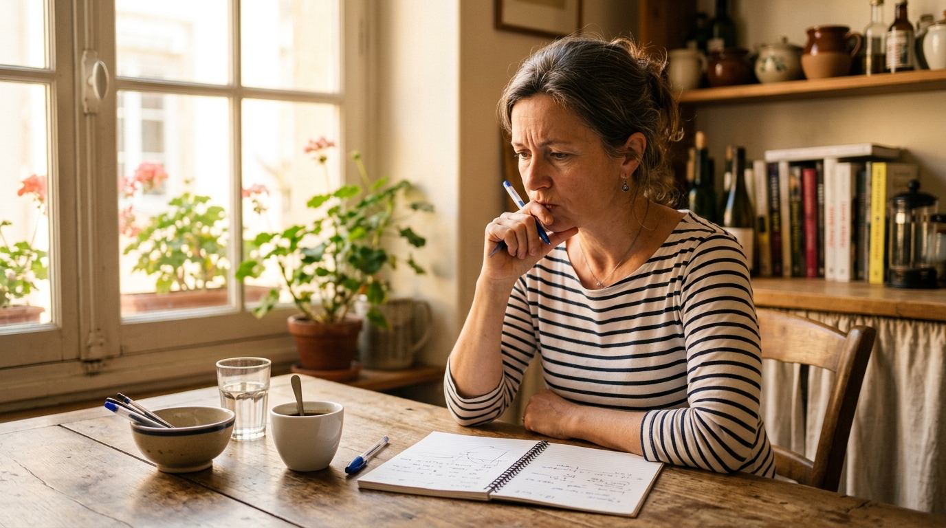 Femme réfléchissant à un calcul mathématique à table