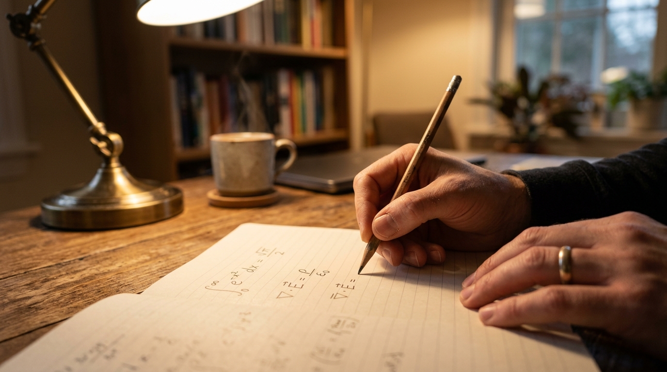 Main écrivant une équation mathématique sur papier