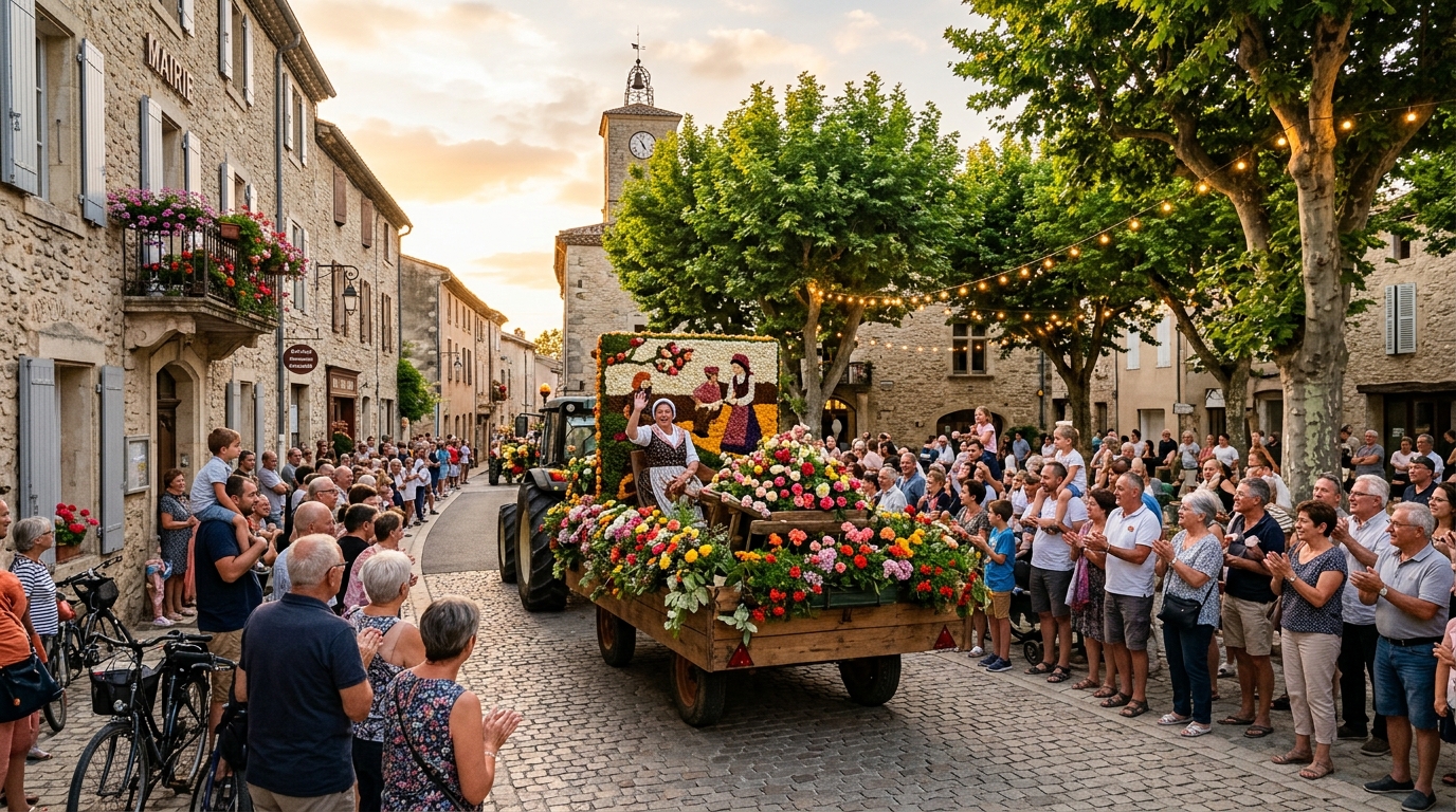 Corso fleuri lors d'une fête votive de village français