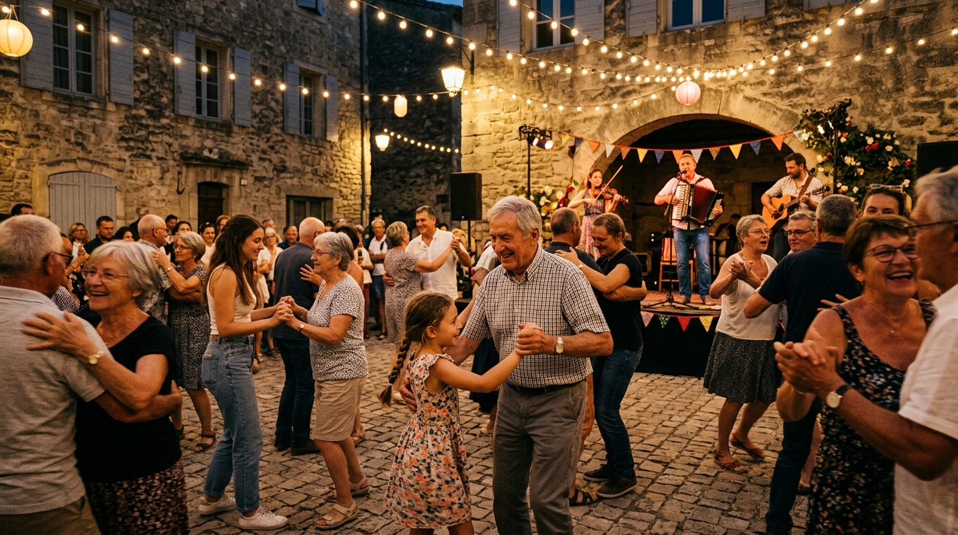 Bal populaire nocturne sur une place de village illuminée