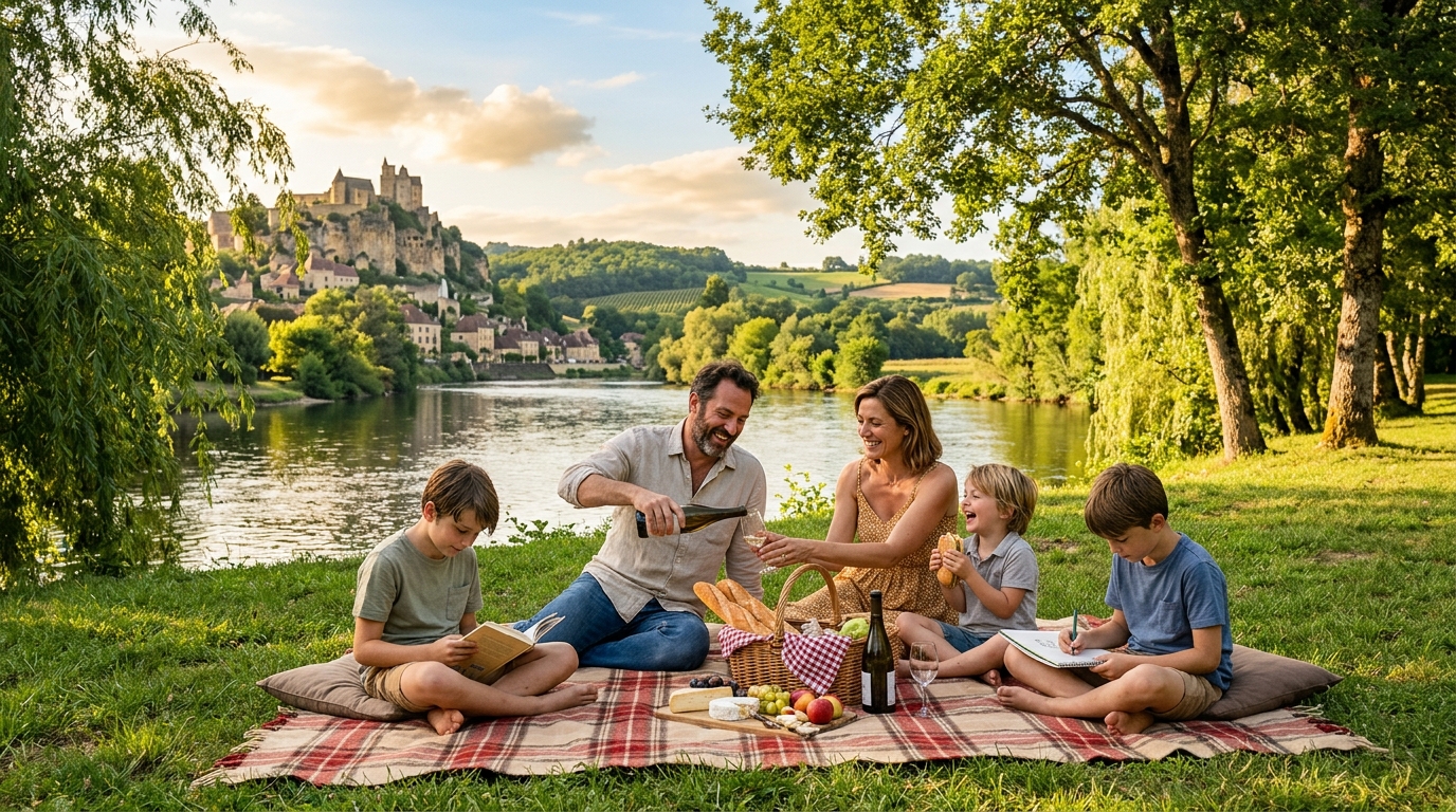 Pique-nique en famille au bord d'une rivière l'après-midi
