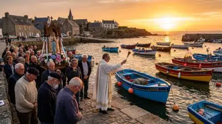 Bénédiction de la mer sur un port breton au coucher du soleil