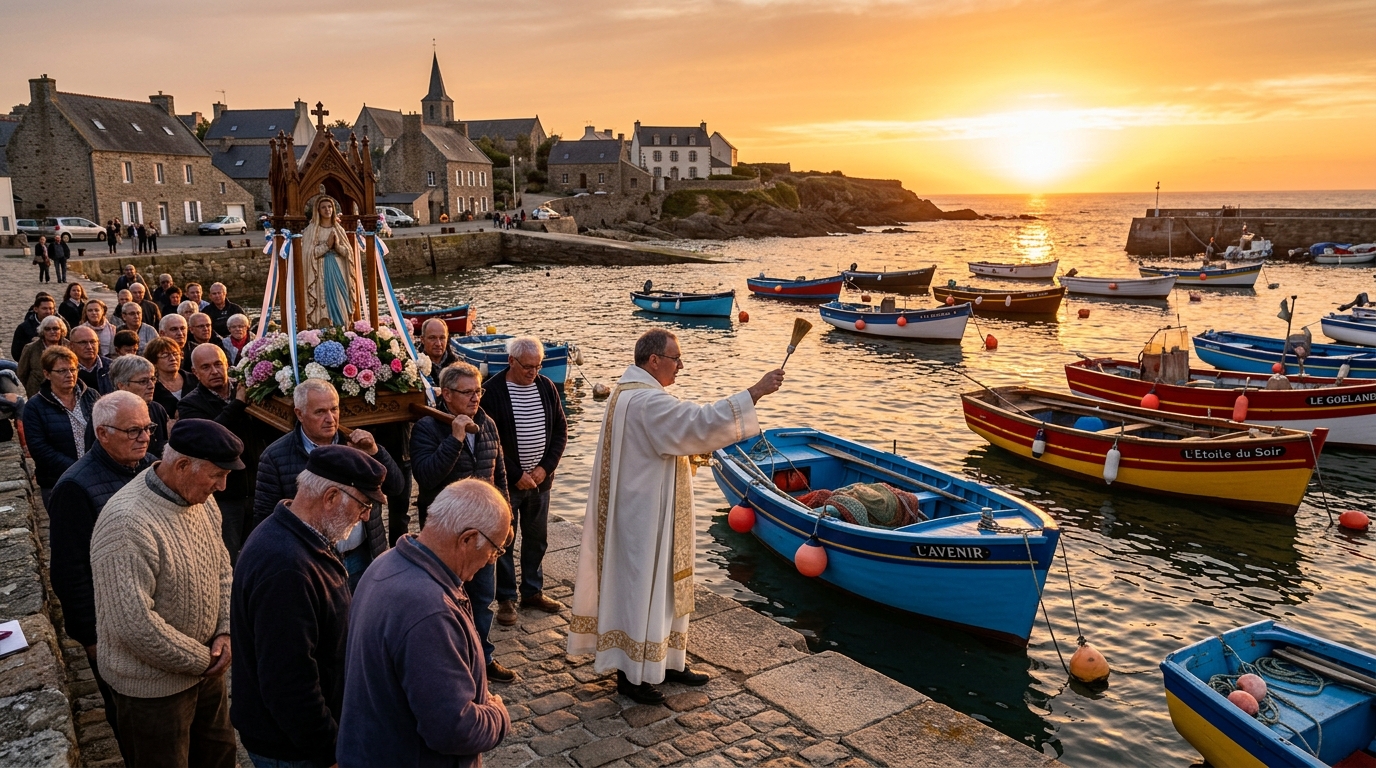 Bénédiction de la mer sur un port breton au coucher du soleil