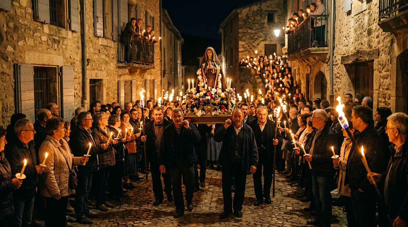 Procession aux flambeaux nocturne dans un village du Sud