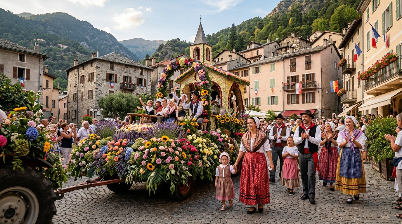 Char fleuri lors d'un corso traditionnel en Provence