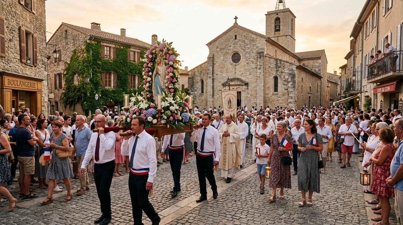 Procession religieuse traditionnelle dans un village français
