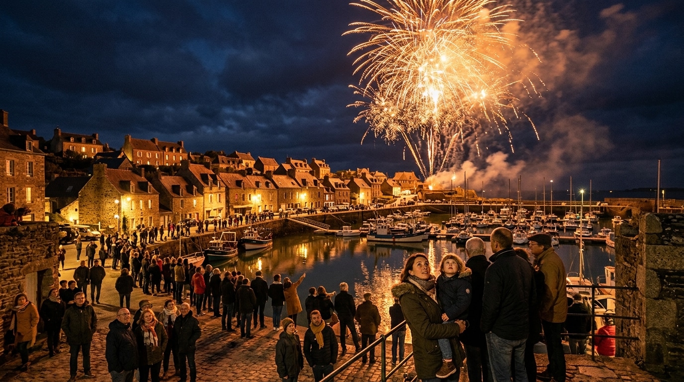 Feux d'artifice du 15 août au-dessus d'un village